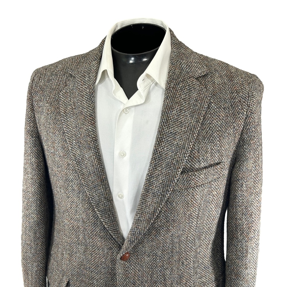 Harris Tweed Sport Coat 42R Gray Brown Herringbone Wool Blazer 1/2 Lined Vintage